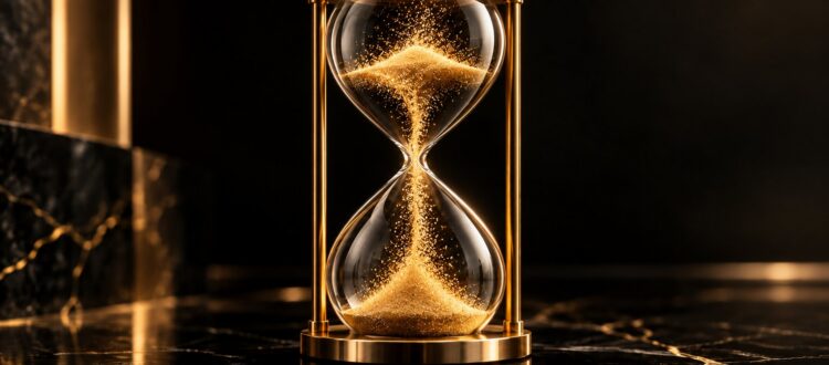 Golden hourglass with sand flowing upward representing reversing biological age