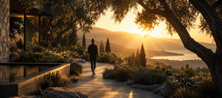 Person walking on a path at sunrise representing healthy habits at home