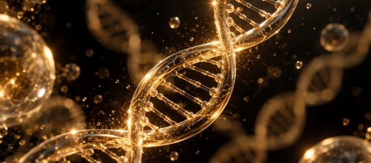Gold DNA double helix on black representing biological age